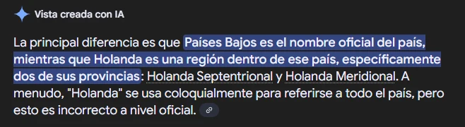 Captura de pantalla de resultados de Google mostrando un featured snippet para la búsqueda holanda y países bajos diferencia